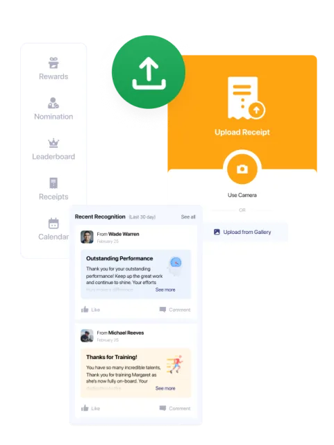 Channel partner loyalty dashboard with receipt upload, reward recognition, and activity menu