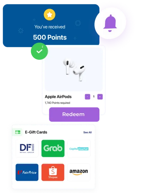 Customer loyalty programme interface showing points earned, e-gift cards, and reward redemption options