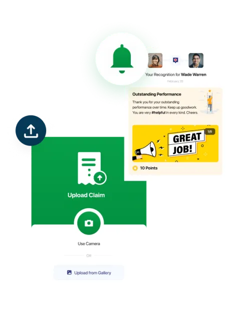 Employee flexible benefits dashboard showing recognition notification, claim upload, and benefit submission options