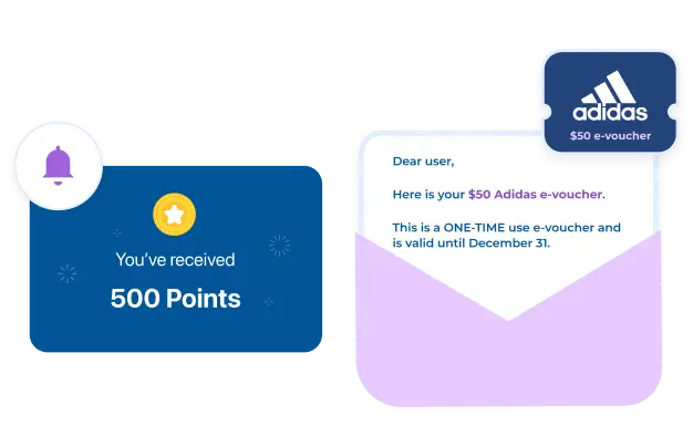 Customer receiving loyalty points and an e-voucher notification as part of a rewards programme